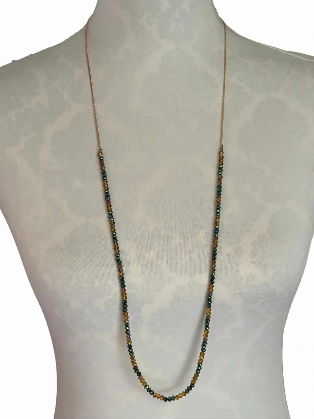 Long Gold Tone Beaded Necklace | Multicolor Faceted Crystal Station Necklace